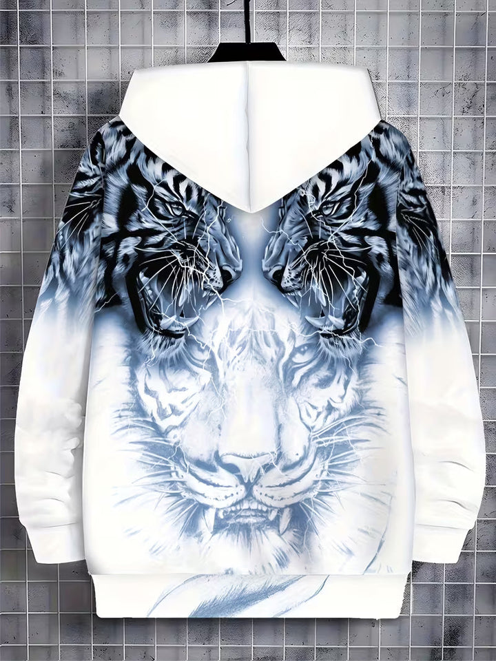 Luciano - Tiger Pattern Hooded Sweatshirt With Zipper