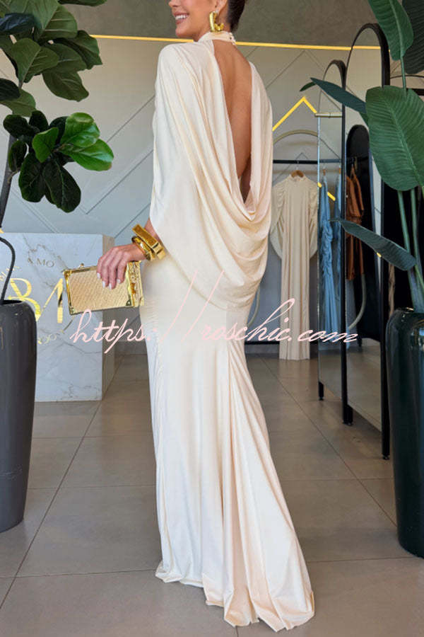 Mermaid High Neck Cape Sleeve Drape Open Back Evening Gown Maxi Dress
