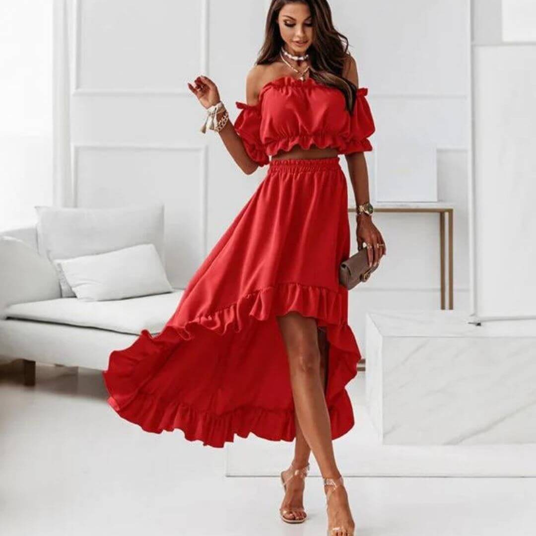 Women's Off-Shoulder Frill Crop Top & High-Low Skirt Set