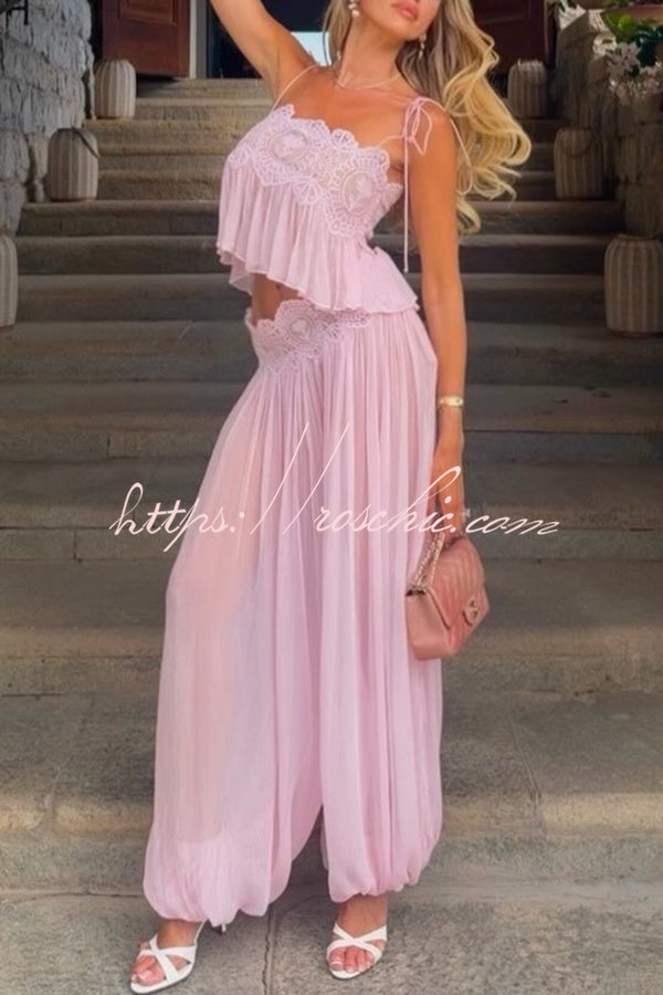 Dreamy Crinkle Chiffon Lace Trim Tank and High Rise Loose Lantern Pants Set