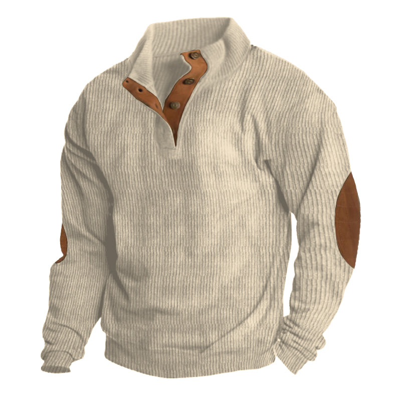 Men's Half Button Pullover Sweater with Elbow Patches