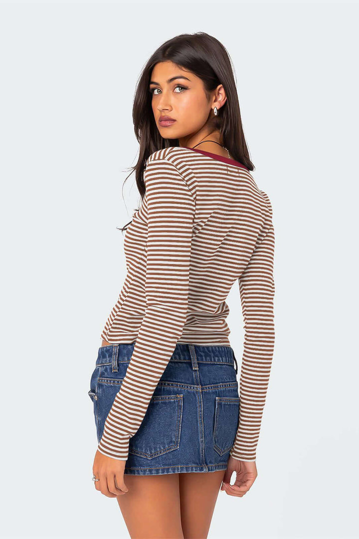 Women's Striped V-Neck Henley Top