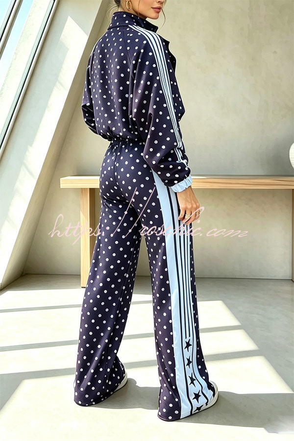 Lucienne Polka Dot Striped Star Print Zipper High Neck Pocket Sporty Jacket