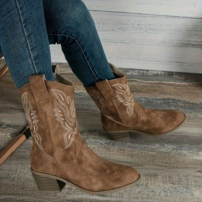 Ladies' Western Boots for Wide Calves with Embroidered Shaft