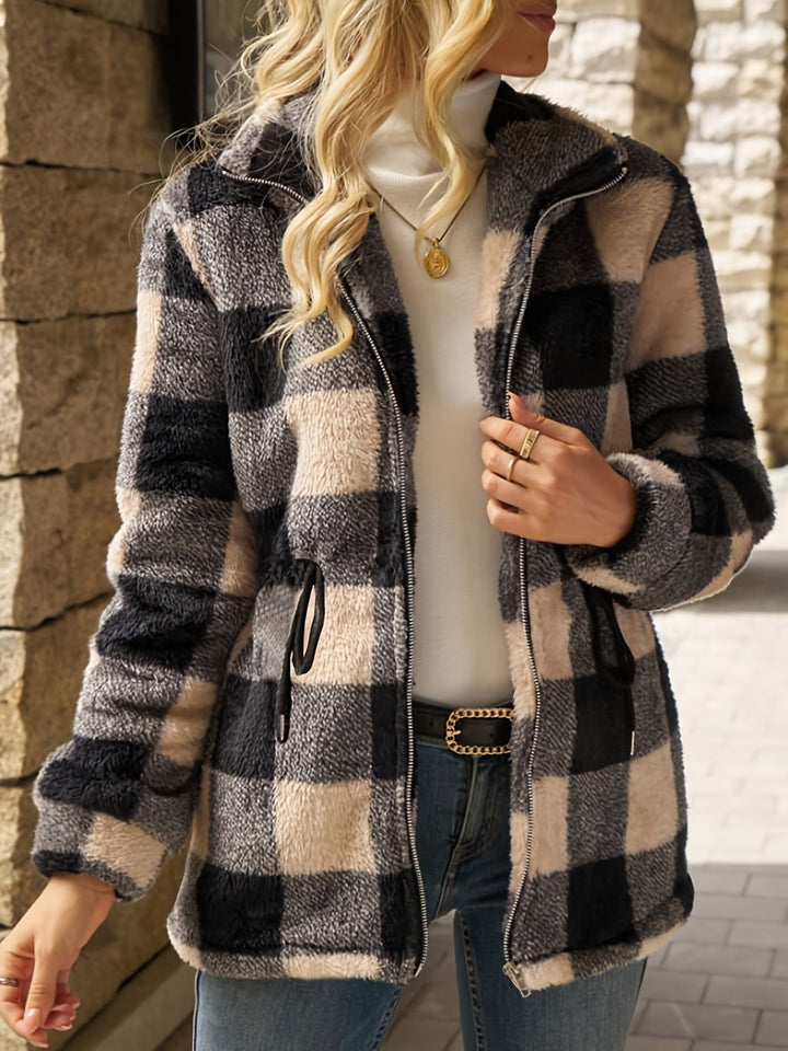 Women's Checkered Fleece Jacket with Hood and Zipper