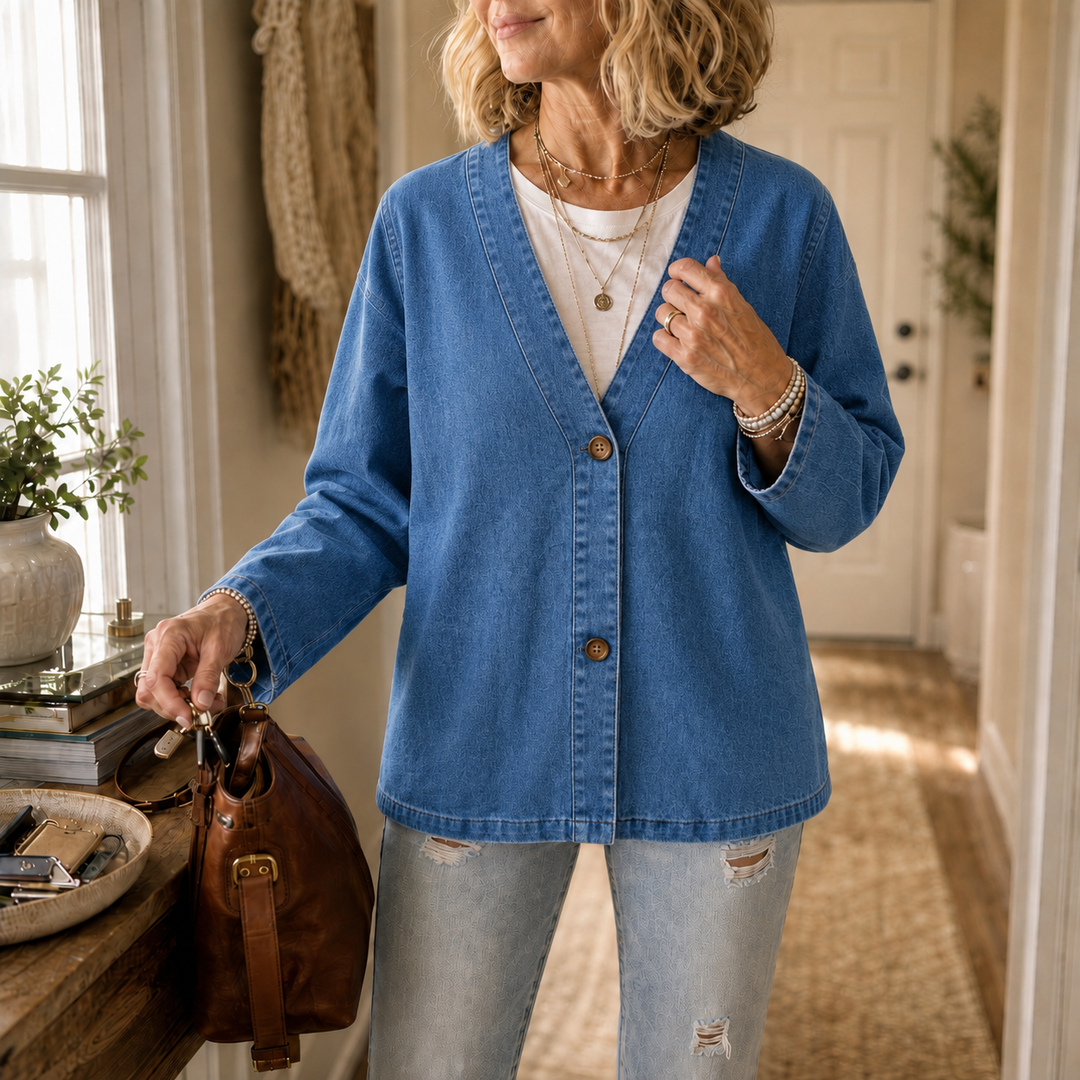 Drapella Collarless Soft-Denim-Look Button-Down Cardigan - Elena Harper