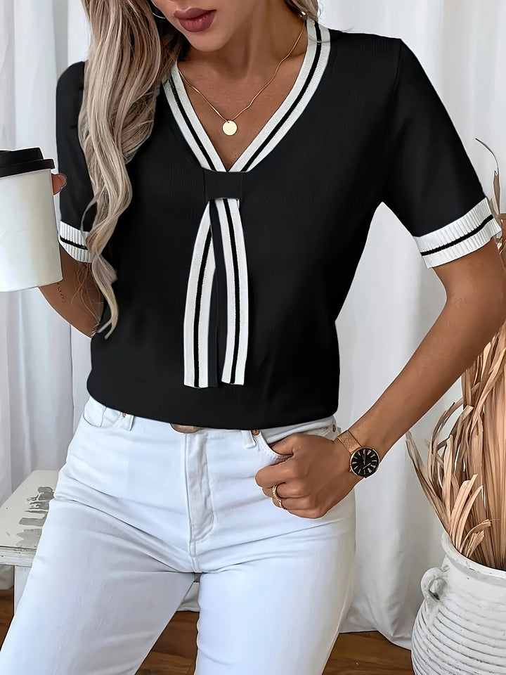 Rosabel Contrast-Trim V-Neck Jumper, view 2 - Elena Harper