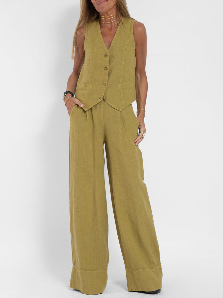 Women's Sleeveless V-Neck Wide-Leg Trouser Set - Elegant & Versatile