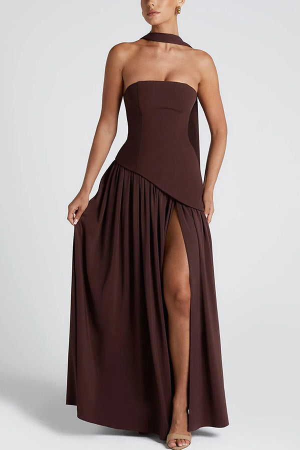 Elegant Off Shopulder Chiffon Pleated Hem Scarf Slit Maxi Dress