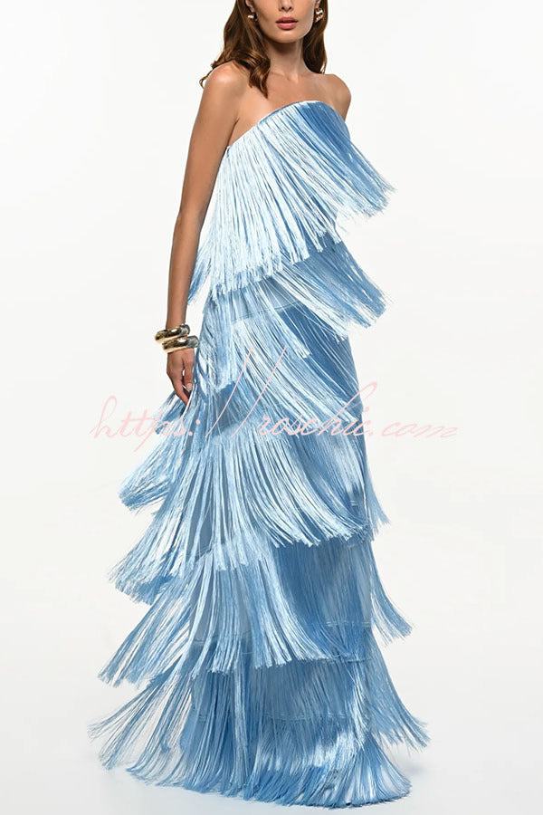 Party Queen Layered Tassel Design Off Shoulder Back Tie-up Maxi Dress (Shipped Within 24 Hours)