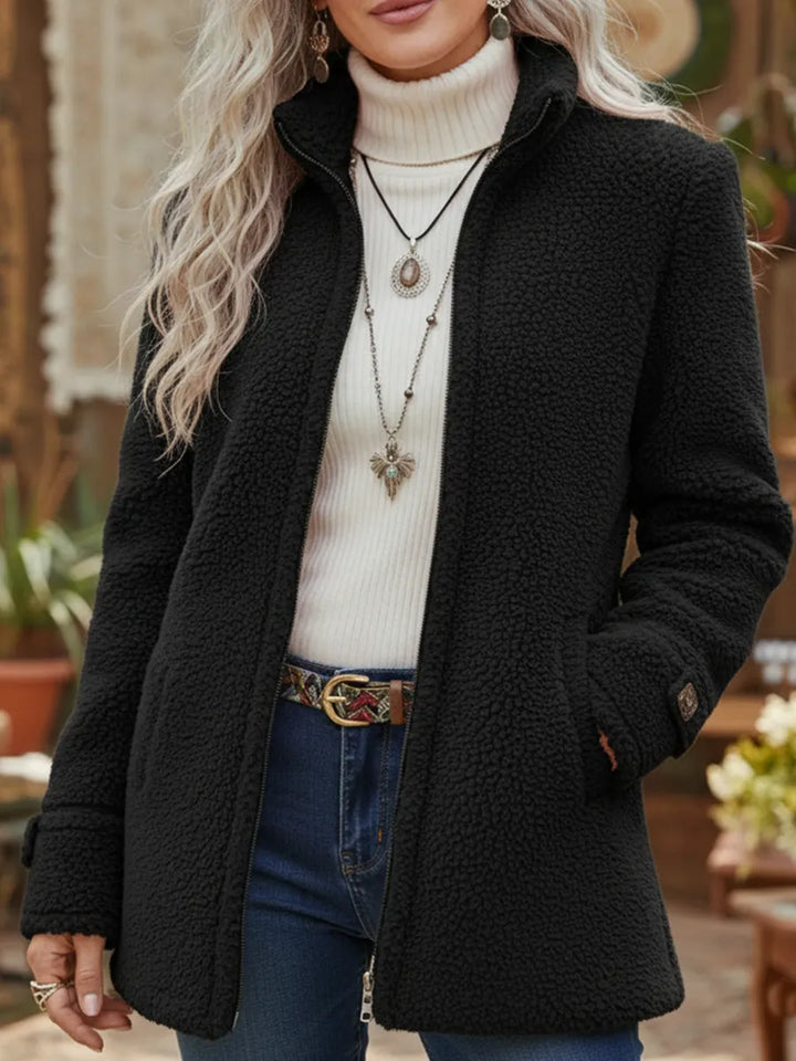 Women's Zip-Up Fleece Effect Jacket – Comfortable Mid-Length Warm Coat