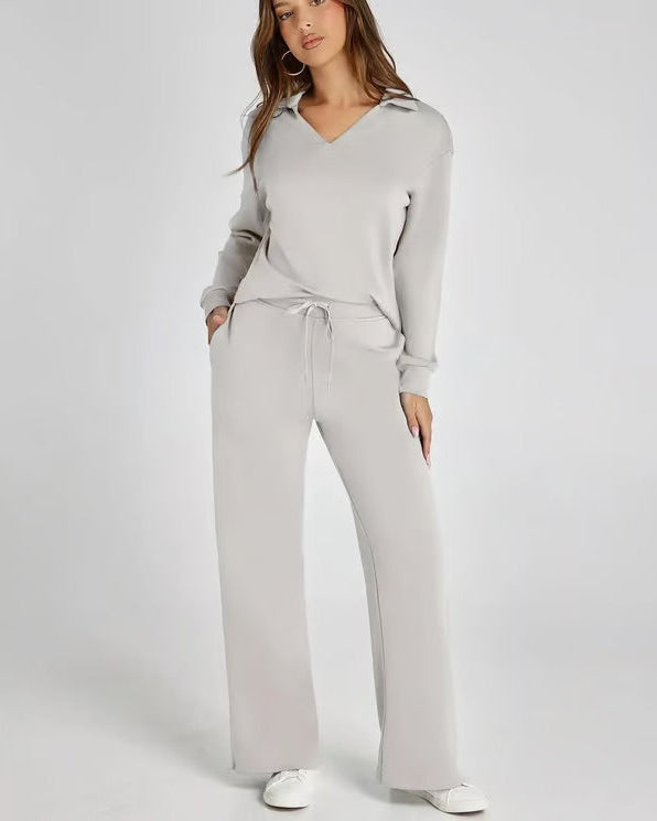 Autumn Women's Two-Piece Set with High Neck Sweatshirt and Wide Leg Pants