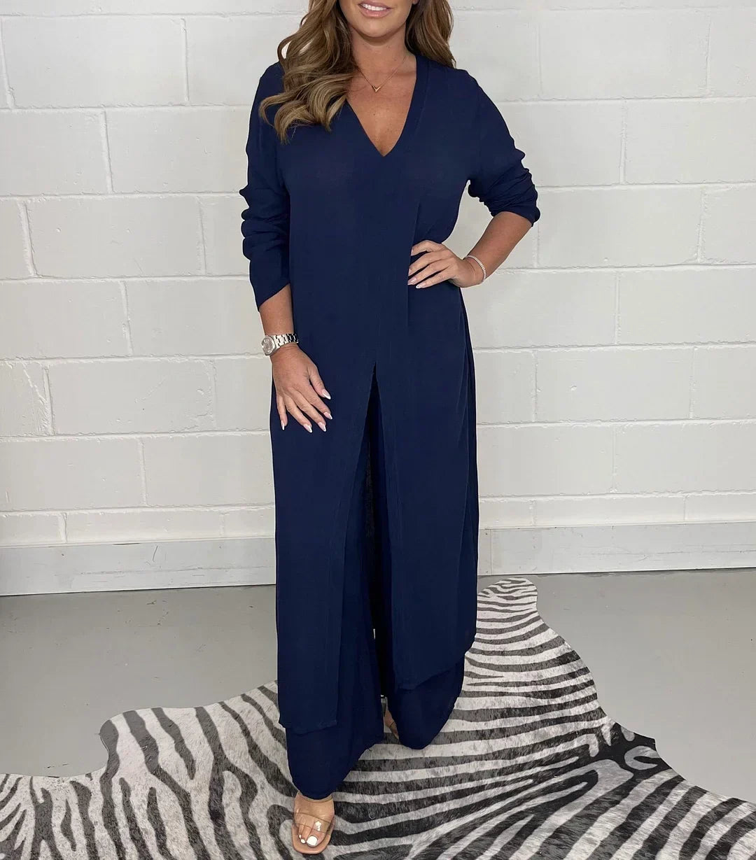 Women's Long Sleeve V-Neck Slit Top & Pants Set Relaxed Fit, view 9 - Elena Harper