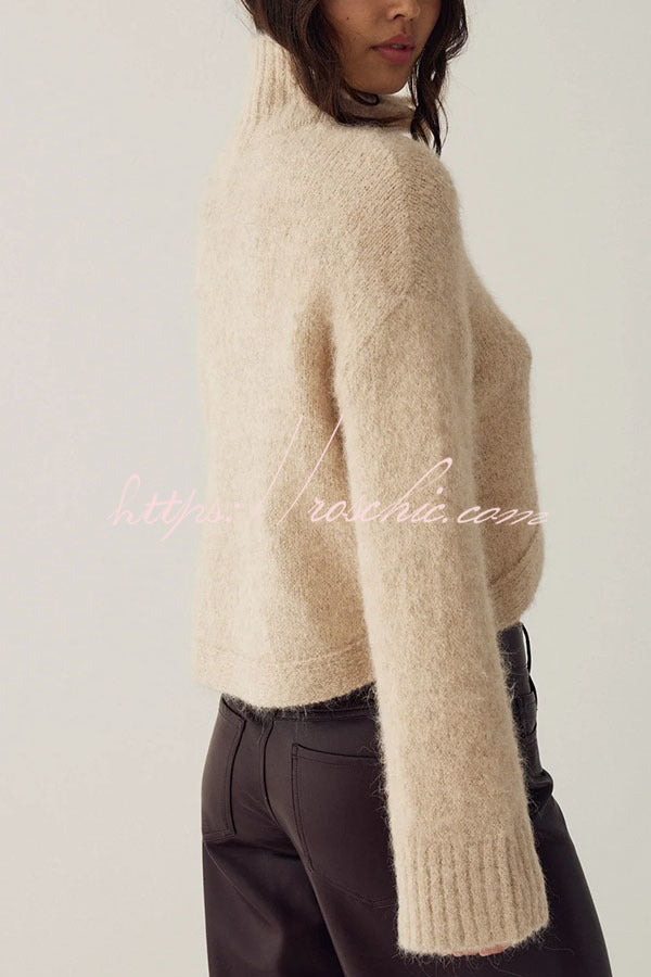 Martina Solid Color Knit High Neck Button Long Sleeve Wave Hem Crop Cardigan