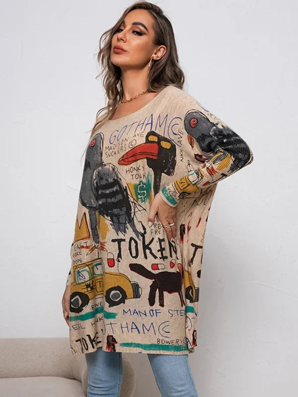 Lunisse Knitted Sweater with Artistic Cartoon Print, view 9 - Elena Harper