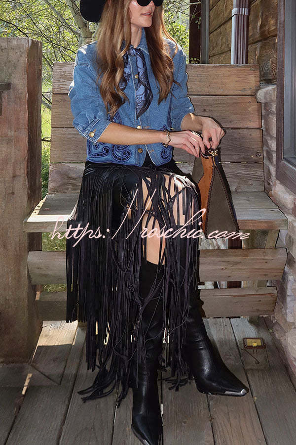 Evie Faux Leather High Rise Three-layer Tassels Stretch Maxi Skirt