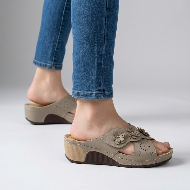 Amycca | Comfortable Wedge Slippers with Floral Applications