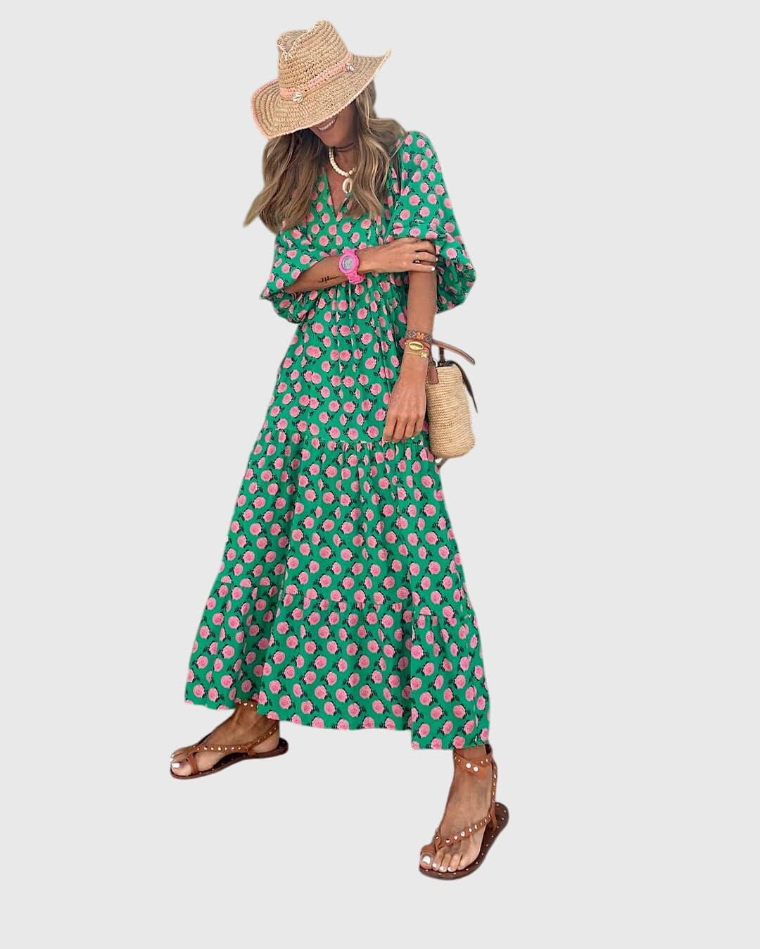 Sarah™ Boho Maxi Dress by Emma & Rose Cape Town, flowing floral design with adjustable straps and lightweight fabric.