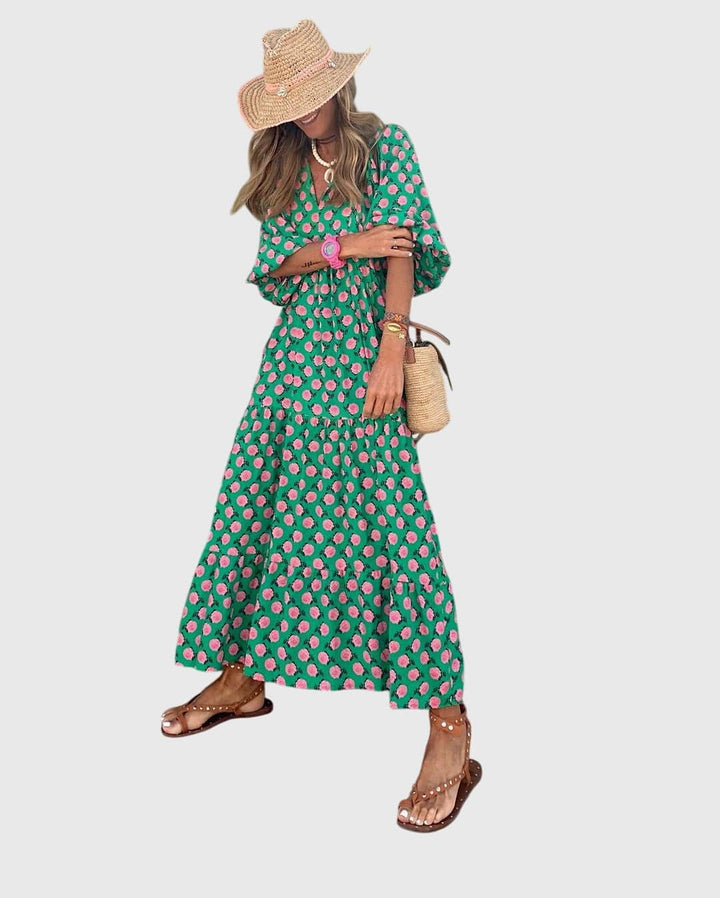 Sarah™ Boho Maxi Dress by Emma & Rose Cape Town, flowing floral design with adjustable straps and lightweight fabric.