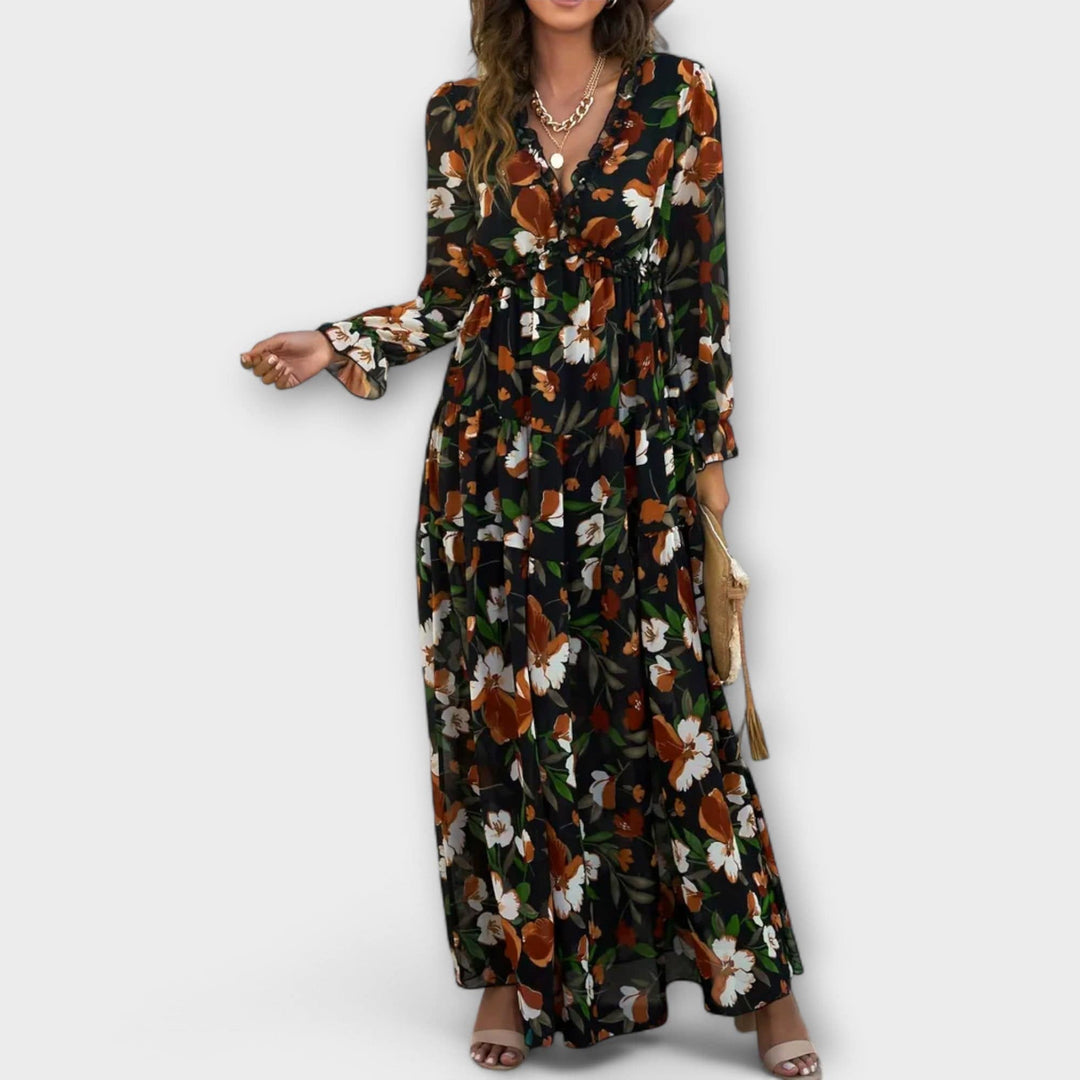 Elegant Ynah™ maxi dress by Emma & Rose Cape Town, flowing fabric with a stylish silhouette, shown in a full-length view.