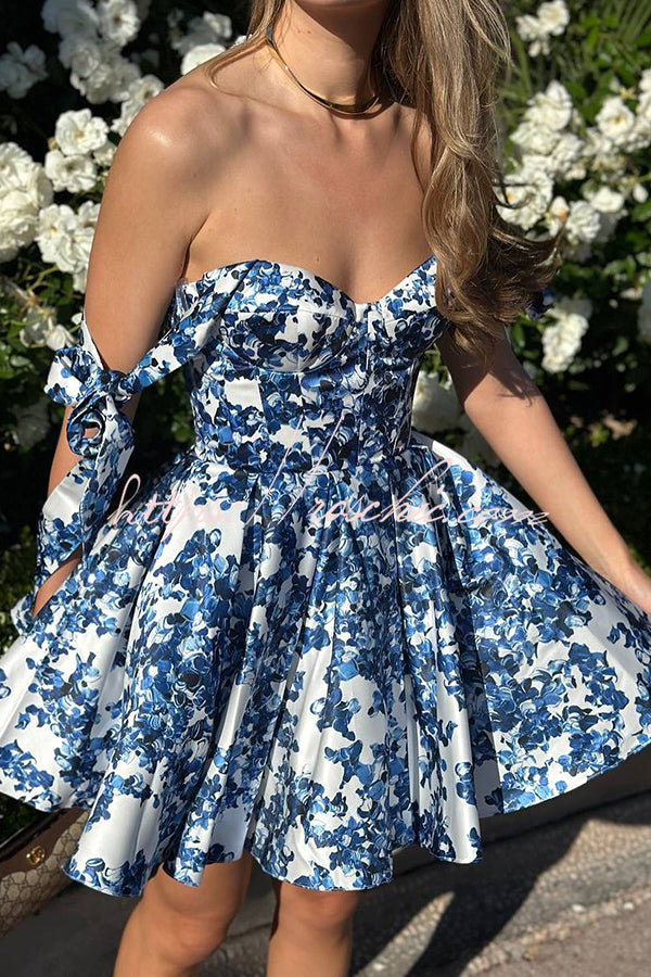 Garden of Eden Floral Print Bow Straps Princess Flared Mini Dress, view 6 - Elena Harper