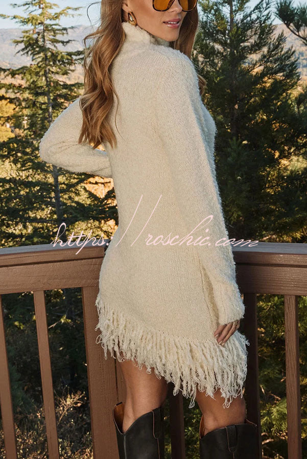 Snowfall Muse Knit Turtleneck Long Sleeve Tassel Trim Sweater Mini Dress, view 3 - Elena Harper
