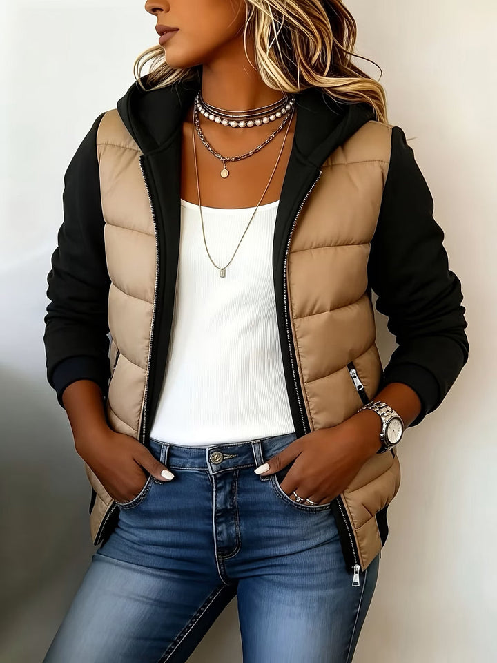Women's Quilted Jacket with Hood and Contrast Sleeves