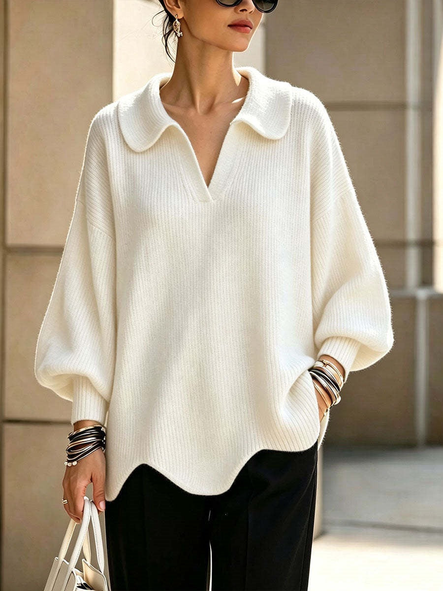 Women's V-Neck Sweater with Lantern Sleeves - Casual and Feminine