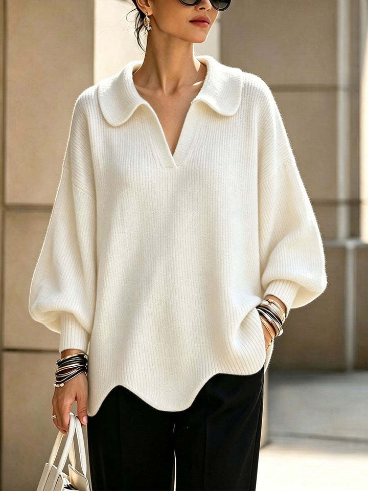 Women's V-Neck Sweater with Lantern Sleeves - Casual and Feminine