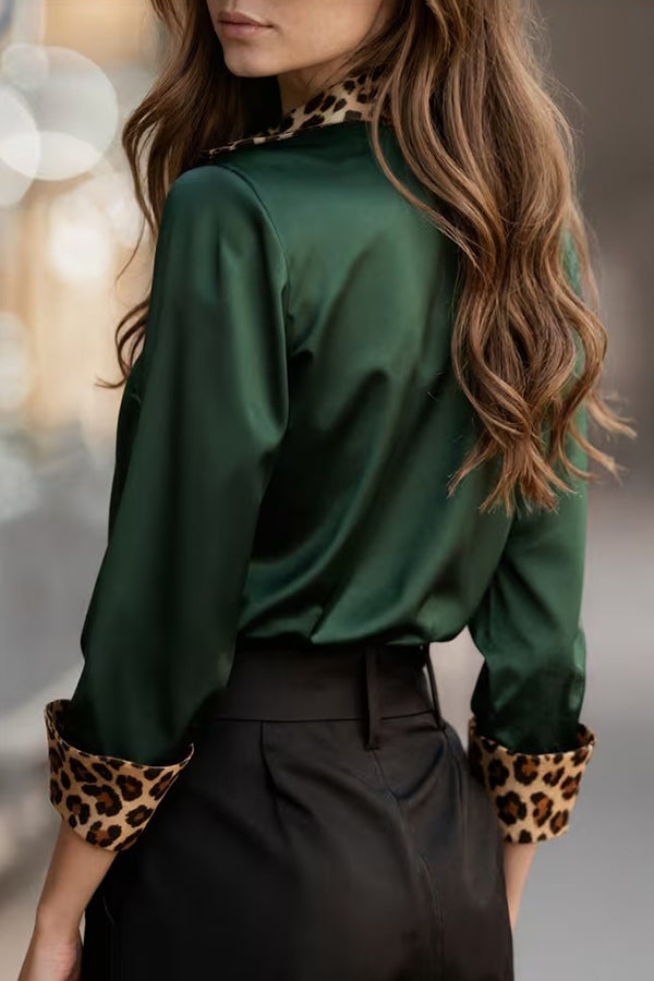 Satin Leopard Print Patchwork Casual Long-sleeved Shirt