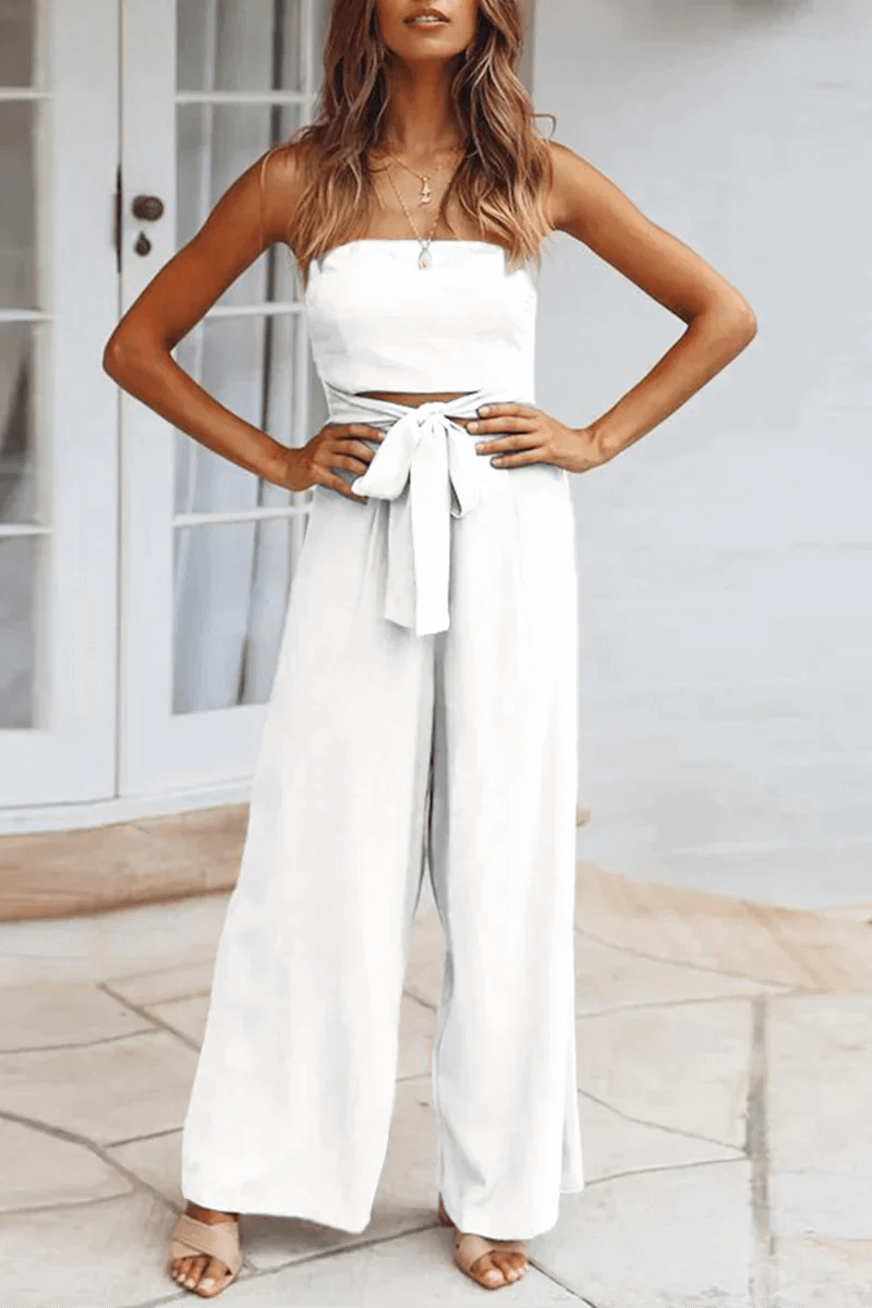 Women's Strapless Wide Leg Jumpsuit with Tie Waist