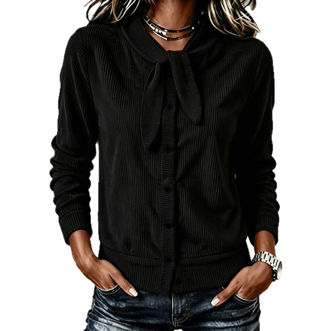 Women's Buttoned Sweater with Velvet Bow - Soft and Refined