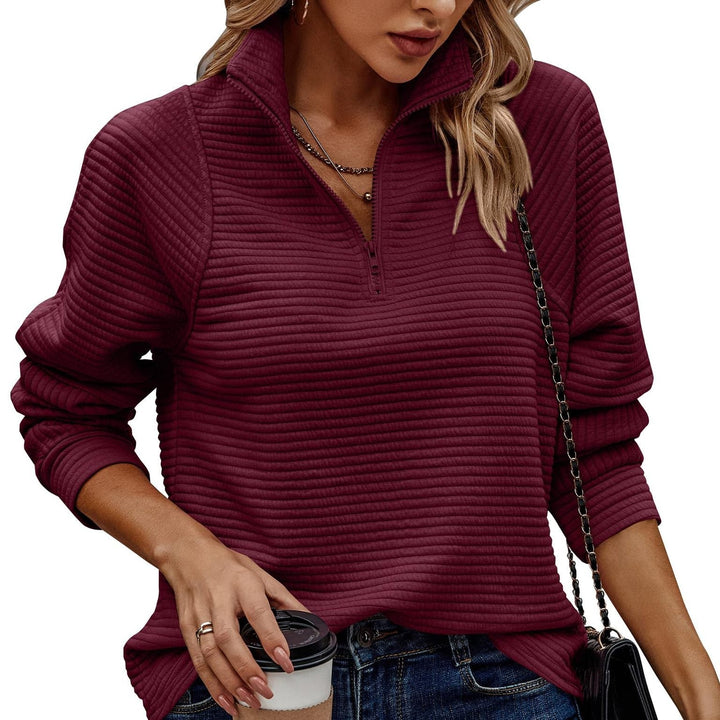 Women's High Neck Zip Pullover Sweatshirt with Long Striped Sleeves