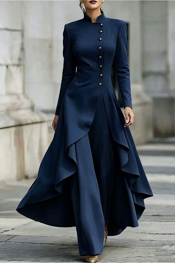 Jemma Stand Neck Long Sleeve Button High Low Hem Top and Wide Leg Pants Set (Shipped Within 24 Hours)