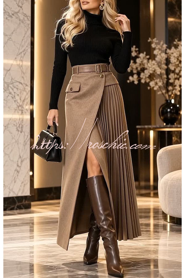 Distinctive Style High Rise Pocketed Pleated Hem Slit Maxi Skirt