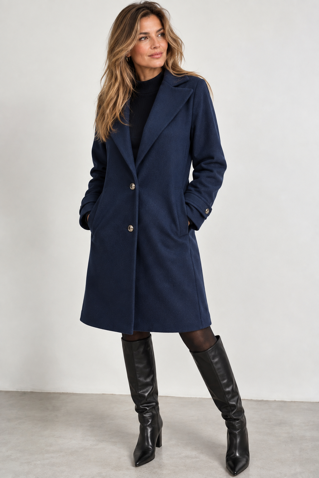 Checked Mid-Length Women's Coat with Lapel Collar and Pockets, view 5 - Elena Harper