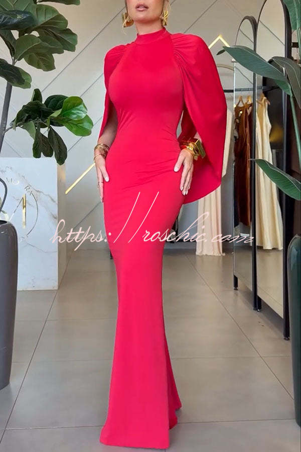 Mermaid High Neck Cape Sleeve Drape Open Back Evening Gown Maxi Dress