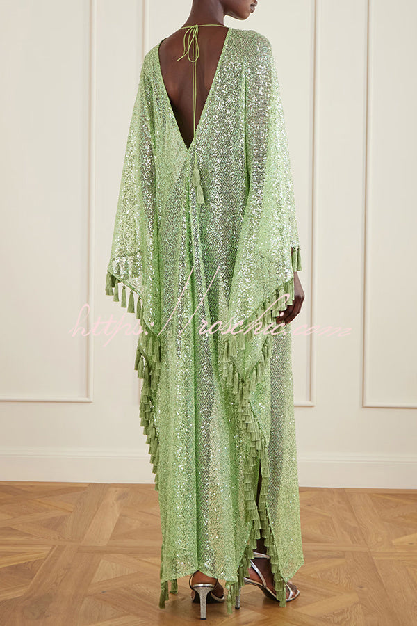 Gianna Sequin Deep V-neck Batwing Sleeve Fringed Trim Slit Gown Maxi Dress