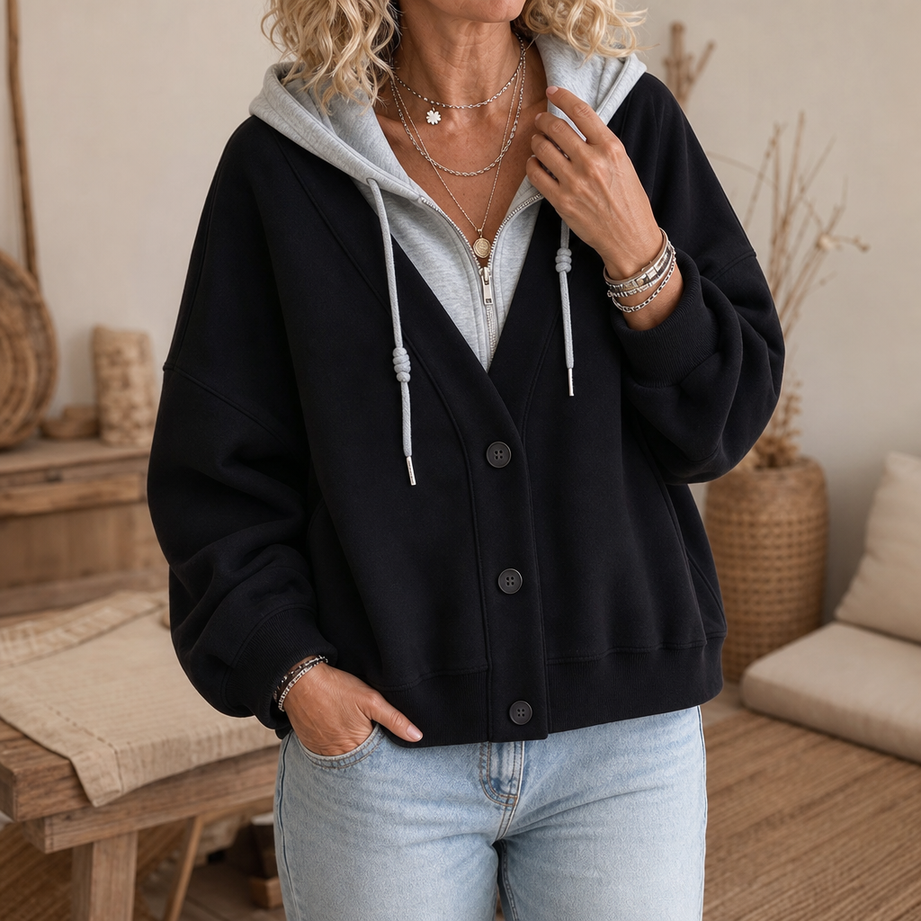 Amelia Comfortable V-Neck Hoodie in Layered Look - Elena Harper