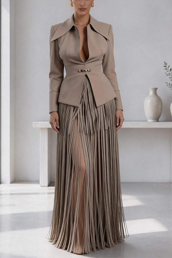 Maderia Structured Blazer & Tassel Skirt Two-Piece Set