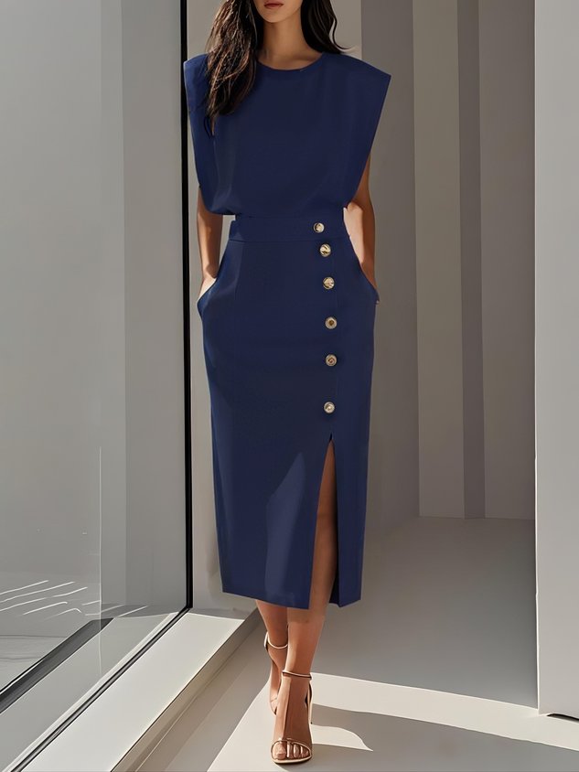 Emma | Ladies Button Detail Sleeveless Midi Dress