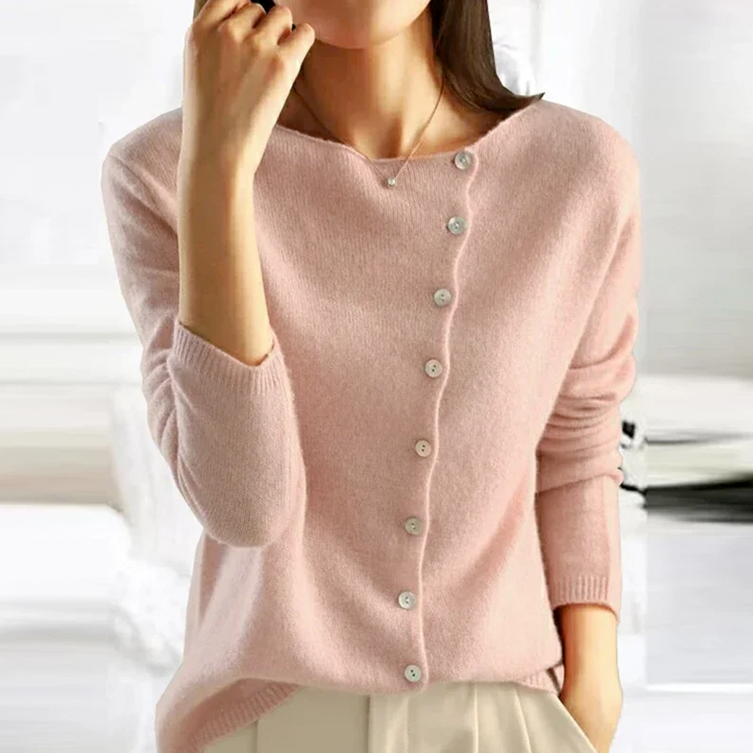 Cotton-Cashmere Blend Cardigan with Asymmetrical Button Closure in Dark Gray, view 2 - Elena Harper