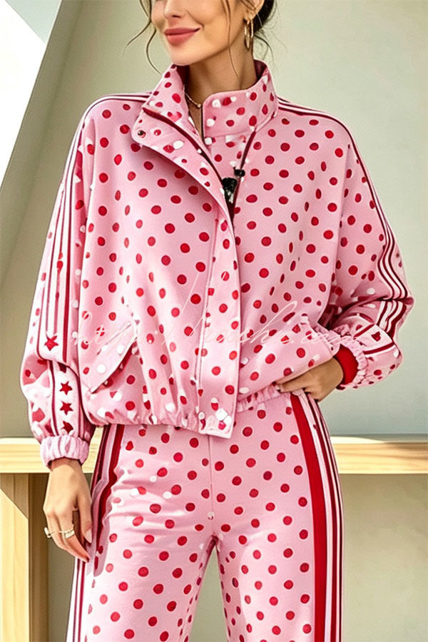 Lucienne Polka Dot Striped Star Print Zipper High Neck Pocket Sporty Jacket