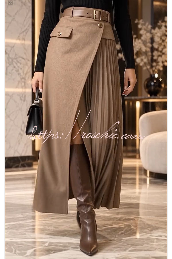 Distinctive Style High Rise Pocketed Pleated Hem Slit Maxi Skirt