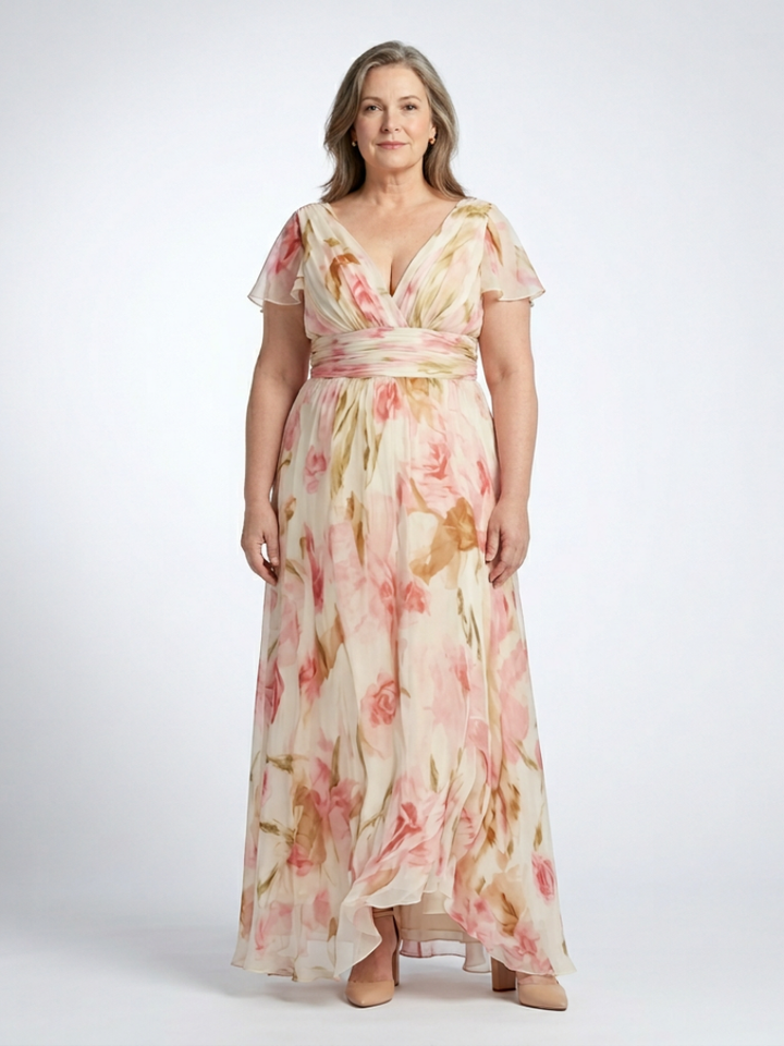 Elara Floral Maxi Dress with Short Sleeves and V-Neck - Elena Harper