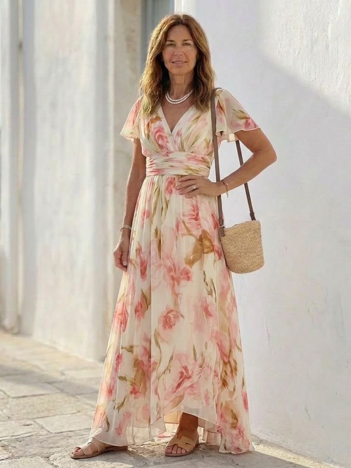 Elara Floral Maxi Dress with Short Sleeves and V-Neck, view 5 - Elena Harper
