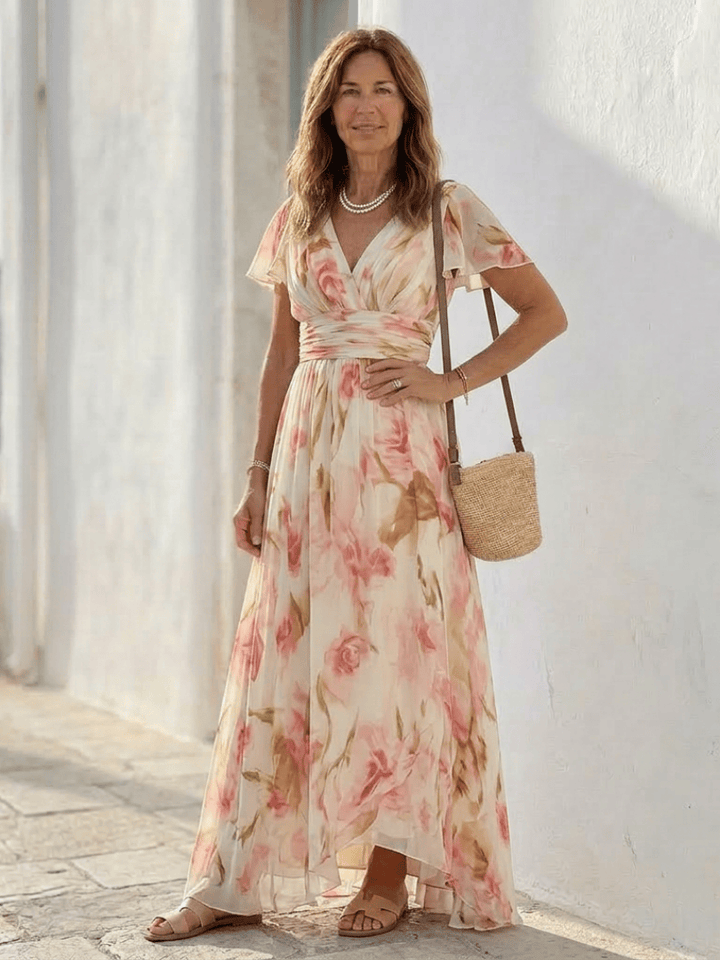 Emma & Rose Cape Town Elara™ Sleeve Floral Maxi Dress with elegant floral pattern and flowing fabric in a stylish design