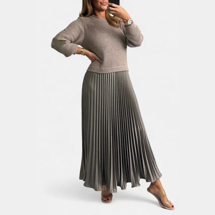 Eldmora Women's Knit Dress with Pleated Skirt Maxi, view 3 - Elena Harper