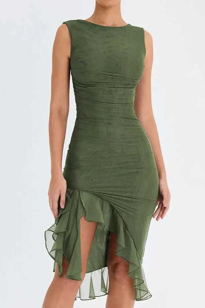 Women's Ruched Sleeveless Midi Dress - Elegant Wedding Guest Attire