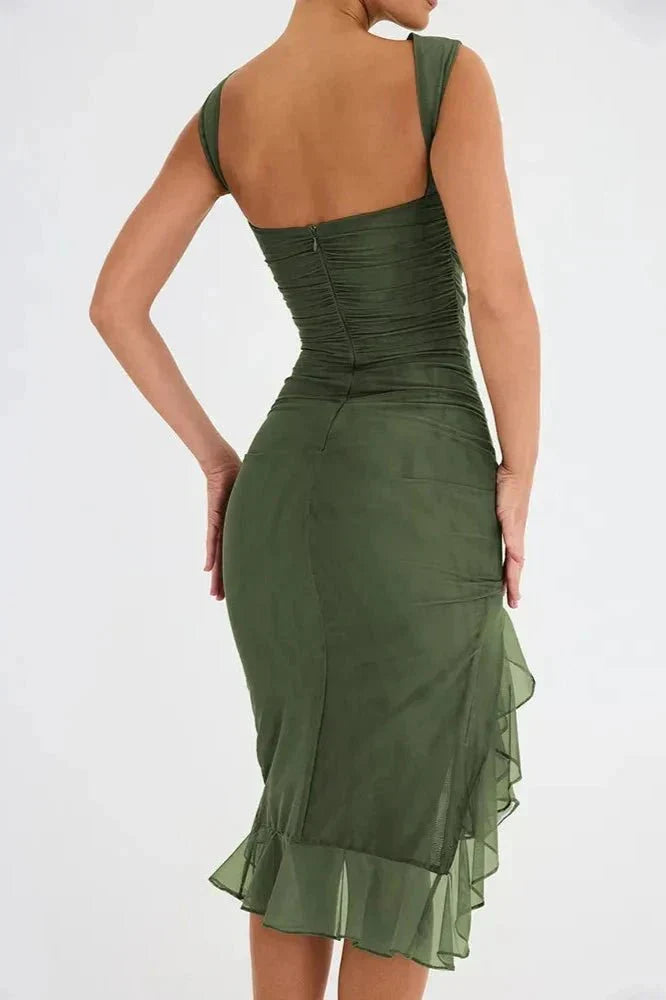 Women's Ruched Sleeveless Midi Dress - Elegant Wedding Guest Attire